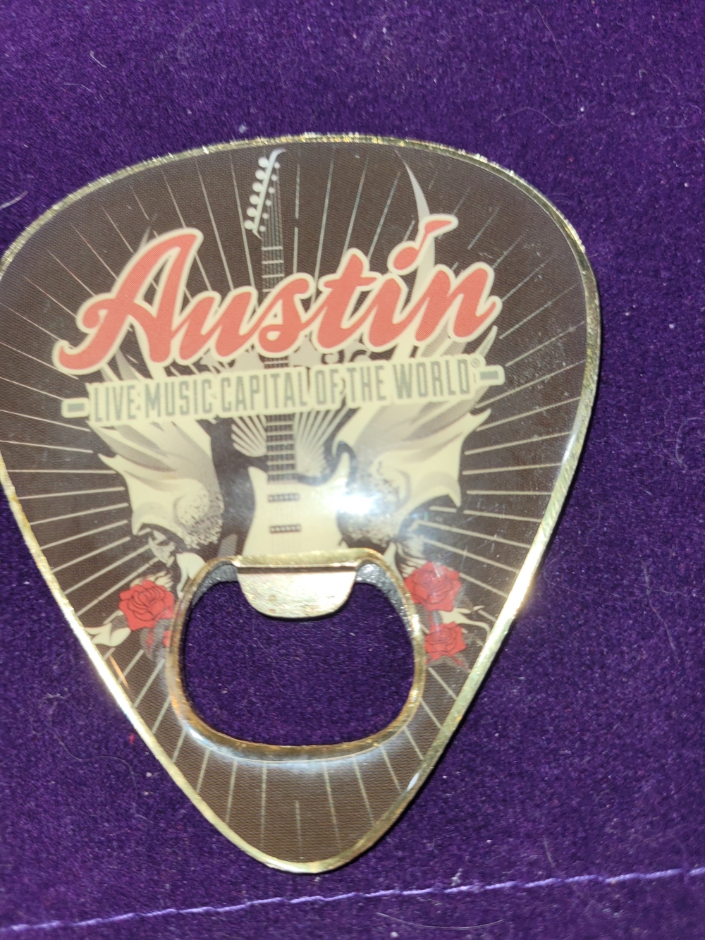 Austin Guitar Pick Bottle Opener - Brown with Red Accents